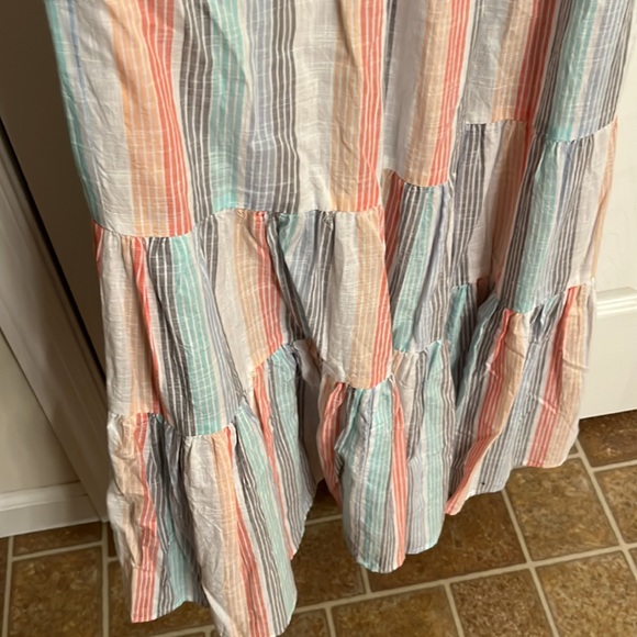 NEW Altar’d State Ivory Blue Green Stripe Smocked Maxi Dress Elastic Waist Small - Picture 4 of 10